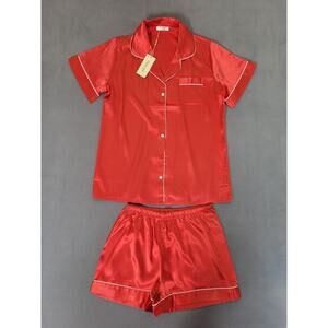 Ekouaer Womens Silk Satin Pajamas Set Short Sleeve Sleepwear Button Down Small